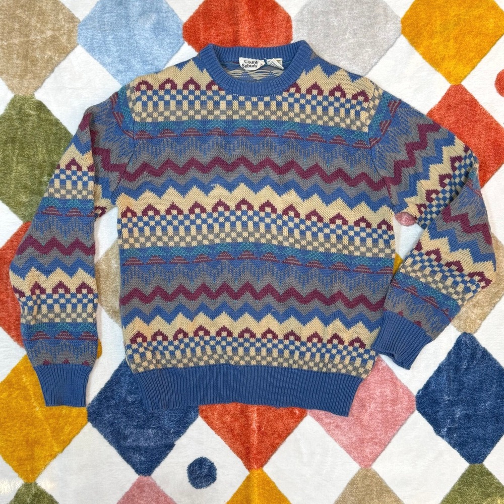 Vintage Country Suburbans Blue Geometric Fair Isle Knit Crewneck‎ Sweater M
